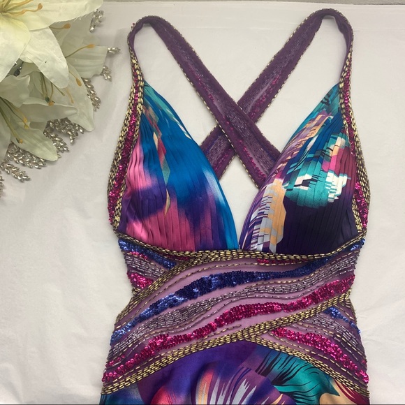 SOLD Jovani Vintage Y2k Tropical Print Prom Satin Dress - Picture 2 of 11